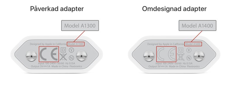 Modellen A1300 är laddadaptern som innebär en säkerhetsrisk. Den har uppdaterats till modell A1400. Foto: Skärmavbild Apple.com Modellen A1300 är laddadaptern som innebär en säkerhetsrisk. Den har uppdaterats till modell A1400. Foto: Skärmavbild Apple.com